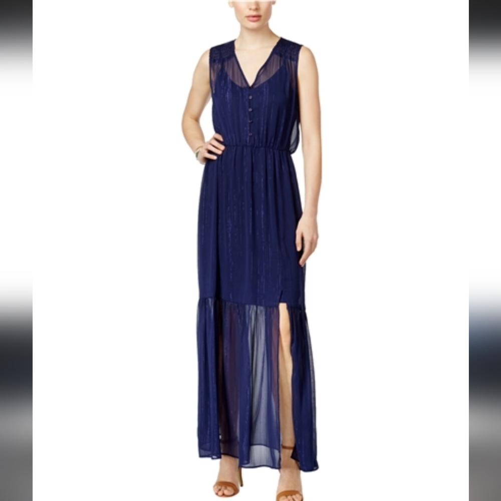 ECI New York Chiffon Cocktail Dress Navy Blue Wedding Glitter Glam Sheer NWT